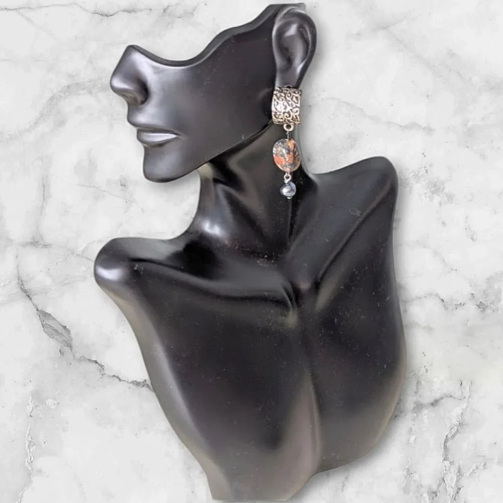 Natural Stone And Tooled Silver Dangle Earrings